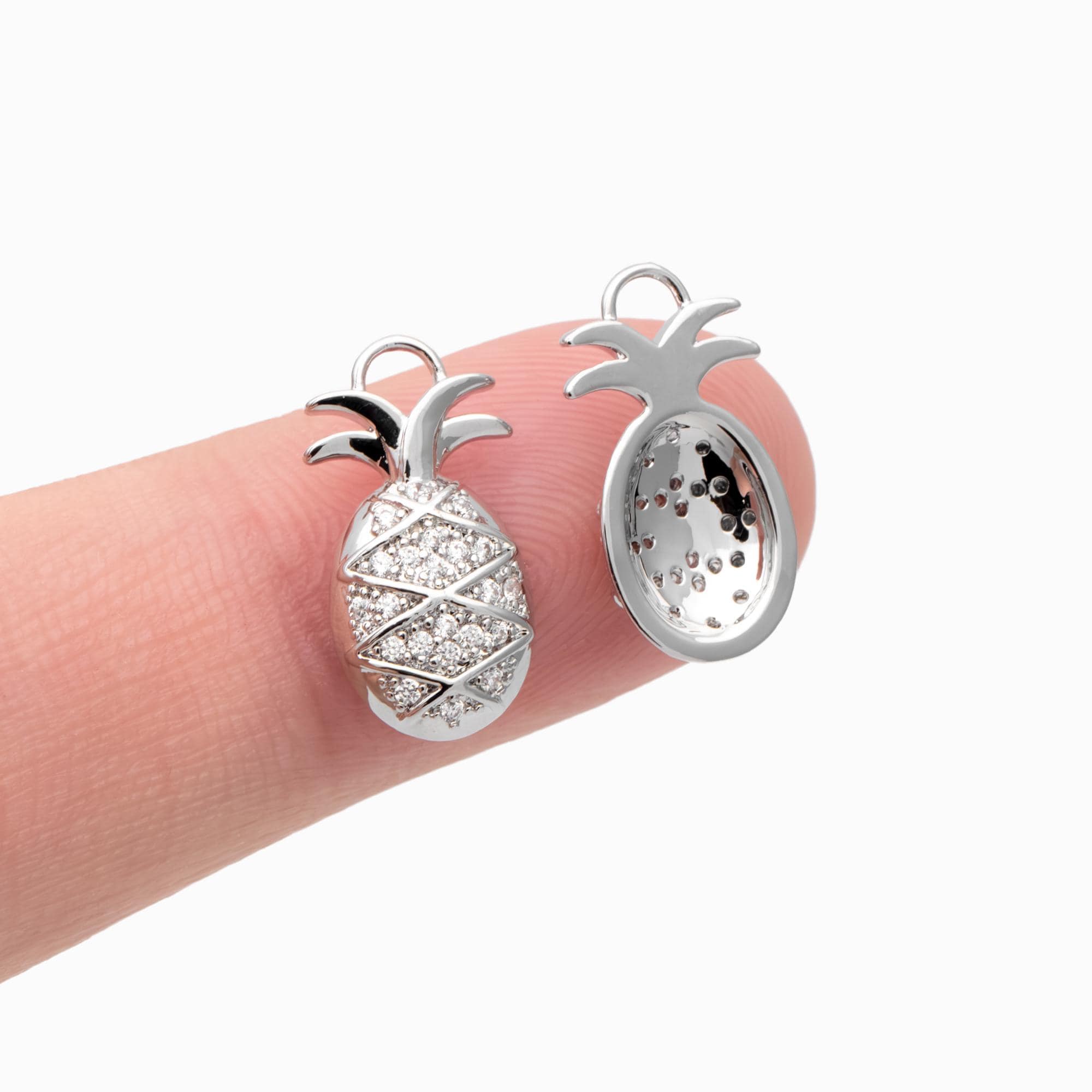 4pcs CZ pave Gold/ Silver Pineapple Charms 16x8mm, 18K Gold/ Rhodium plated Brass Pineapple Pendants (GB-4095-C)